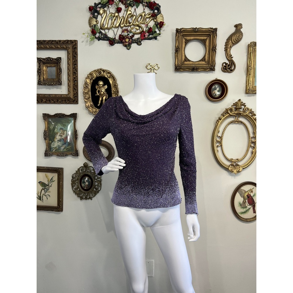 Jovani Purple Beaded Ombre Silk Cowl Neck Long Sleeve Top Size 8